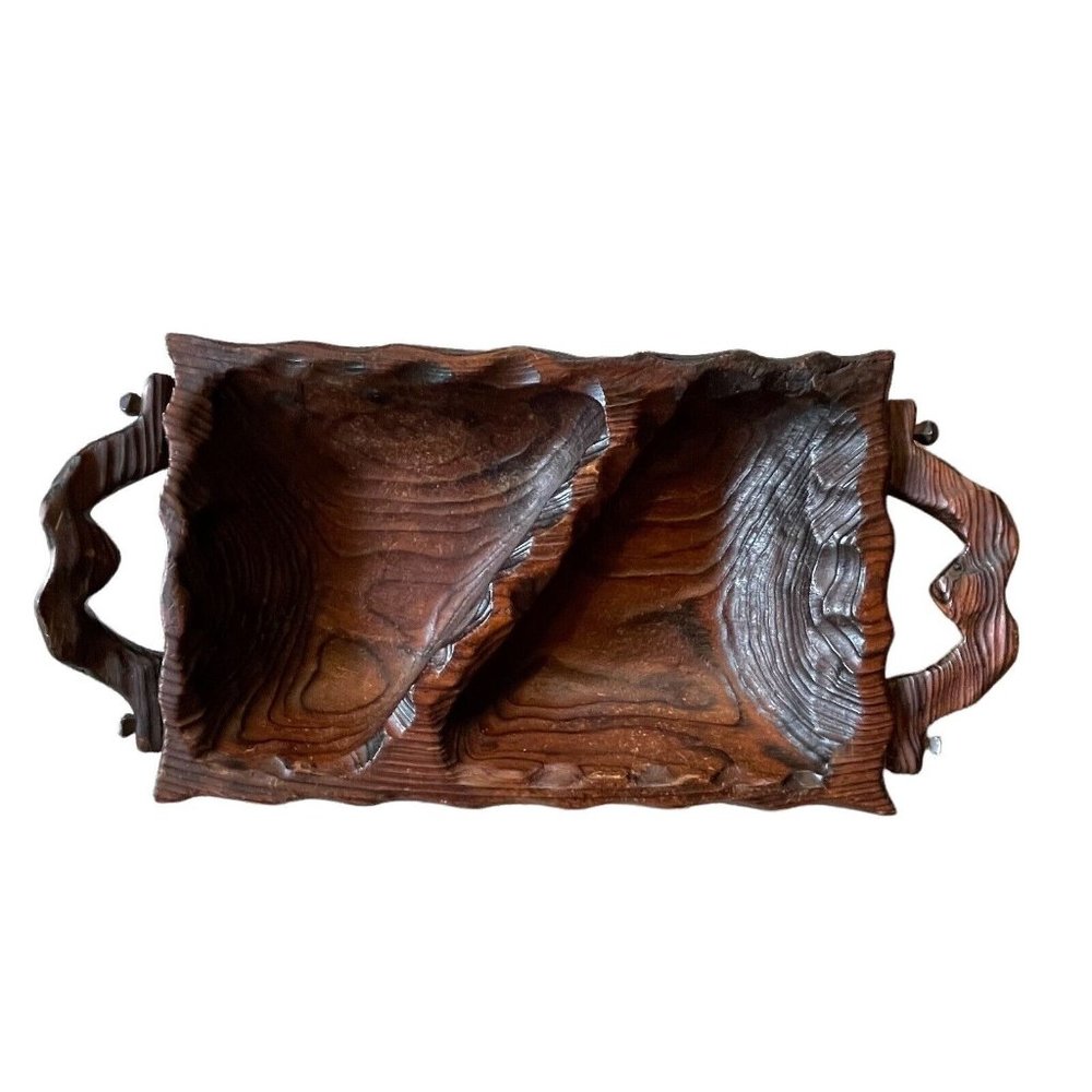 Vintage Wood Carved Dual Bowl Mid Century Handles Hand Forged Nails Dark Brown